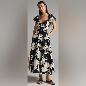 New Anthropologie Long Flutter Sleeve Dress with Open Back